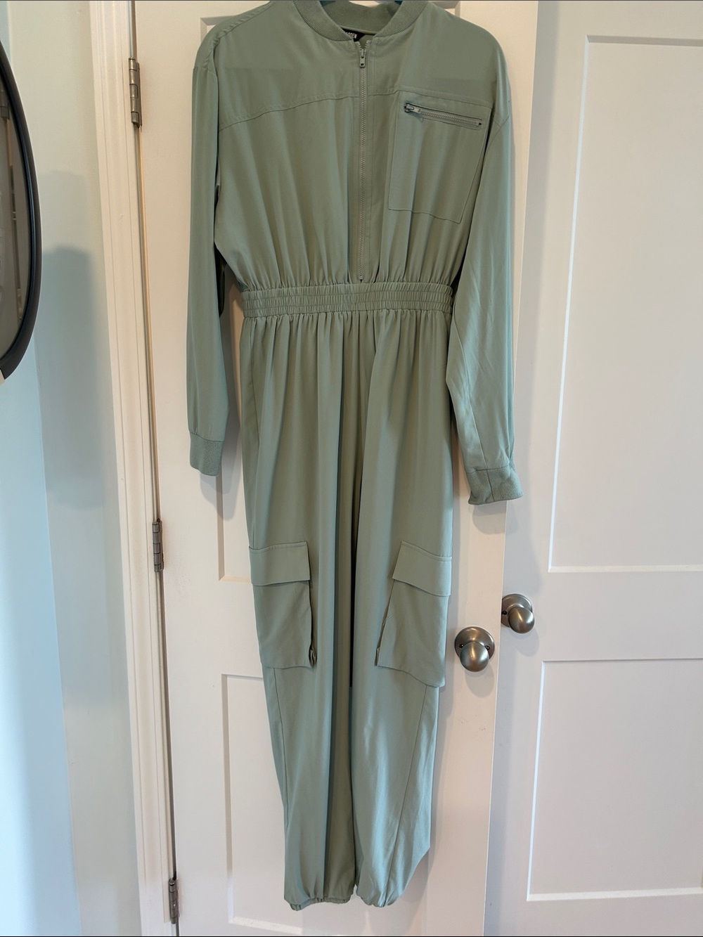 Sage Green Long Sleeve Utility Jumpsuit by Steve Madden Elastic at the bottom - Picture 1 of 4